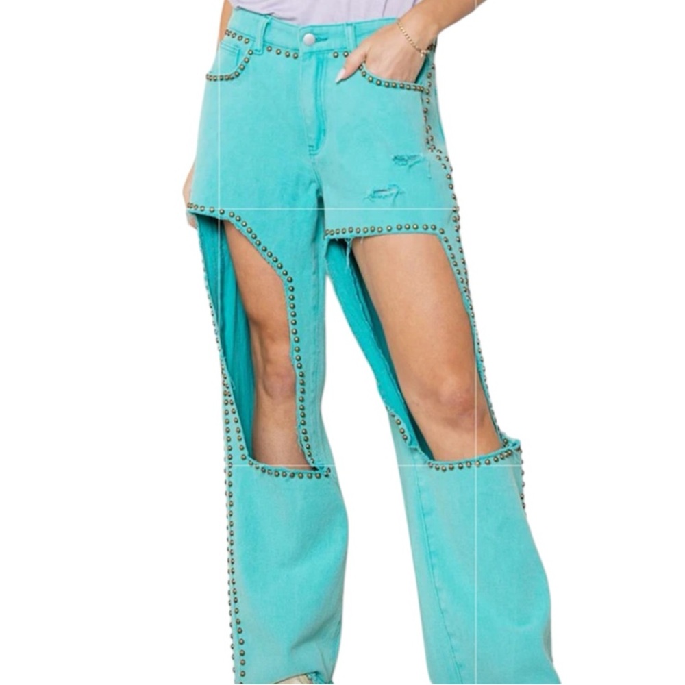 Stud-Trim Cutout Women Jeans in Teal